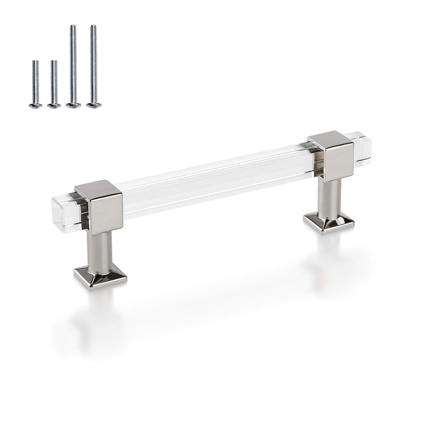 Polished chrome and acrylic 4-inch cabinet pull with screws, perfect for modern kitchen, bathroom, or bedroom furniture.