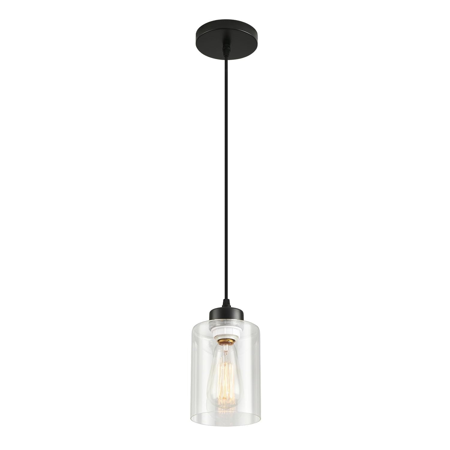 Black farmhouse pendant light with clear glass shade, featuring an industrial design and adjustable hanging fixture.