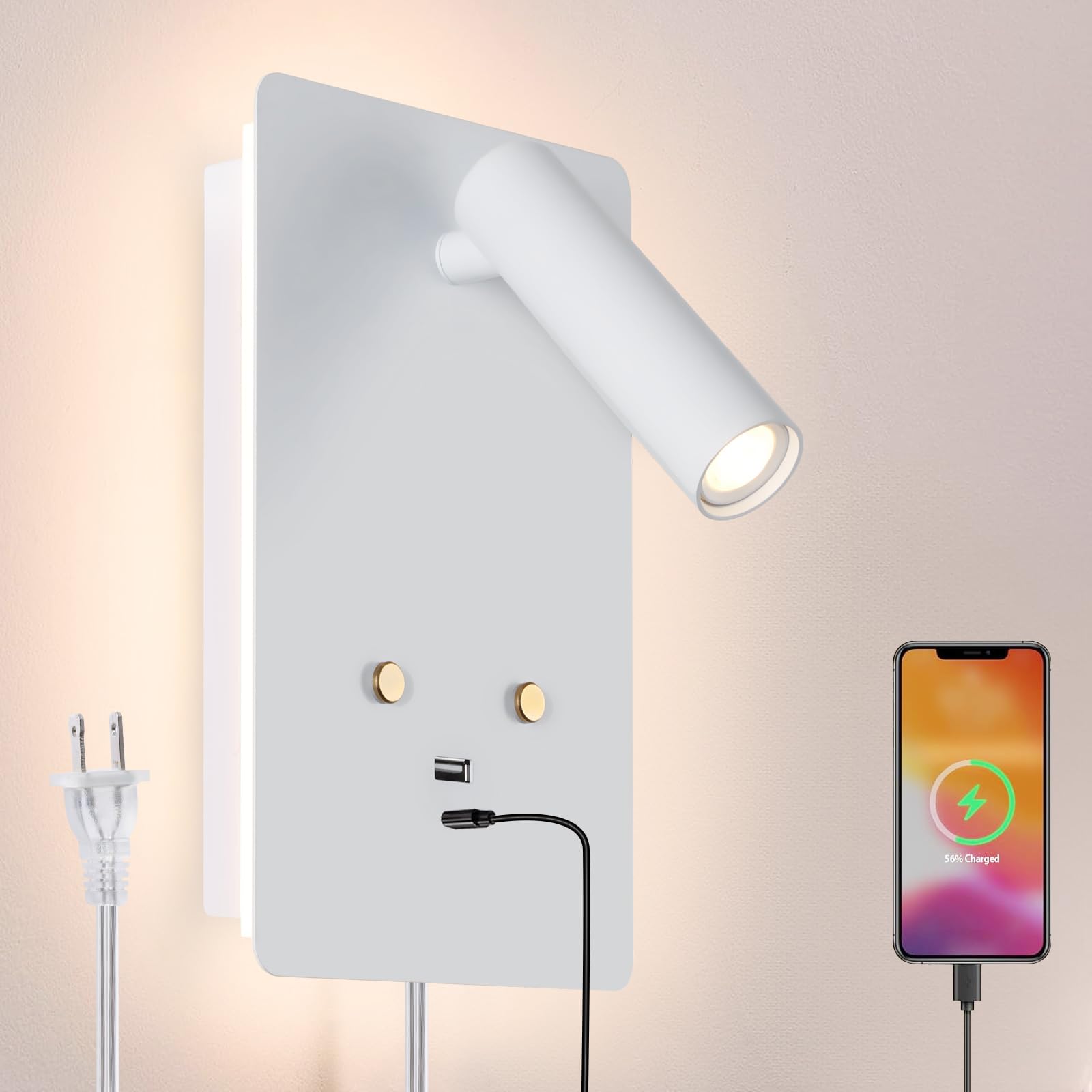 Wall-mounted dimmable reading light in white with USB A+C ports and touch control, perfect for bedroom bedside.