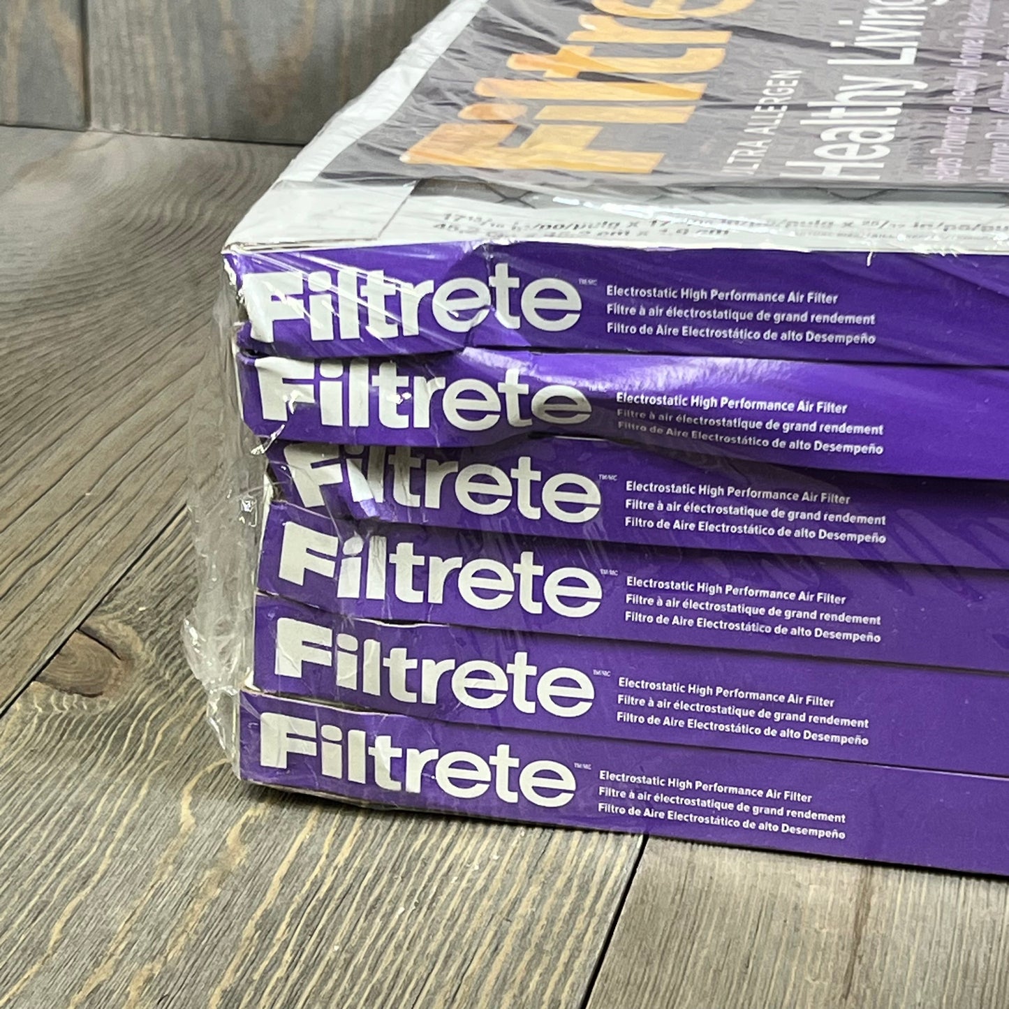 Filtrete 18x18x1 AC Furnace Air Filter, MERV 12, stacked 6-pack, electrostatic, allergy-friendly design.