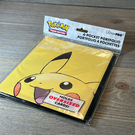 Pikachu-themed 4-pocket portfolio for trading cards, featuring vibrant yellow design, ideal for oversized card storage.