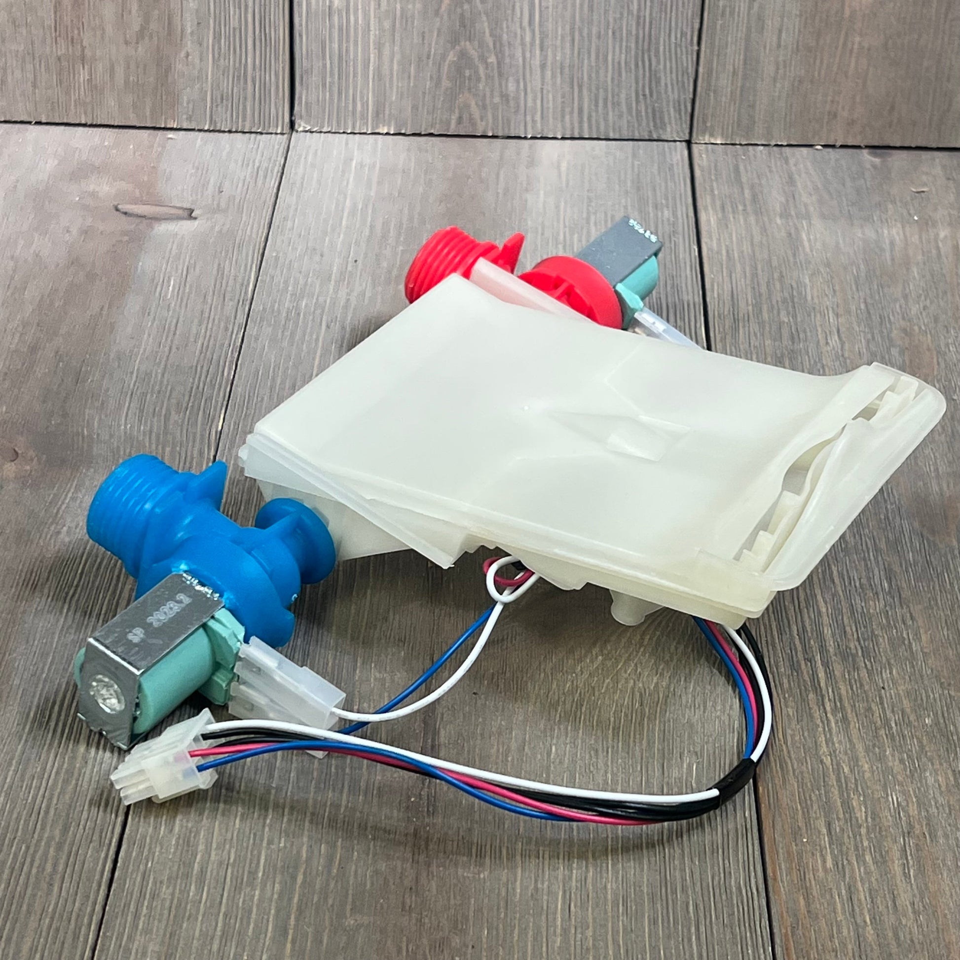 Upgraded W10869800 Washer Water Inlet Valve with red and blue connectors, compatible with Whirlpool, Amana, Maytag washers.