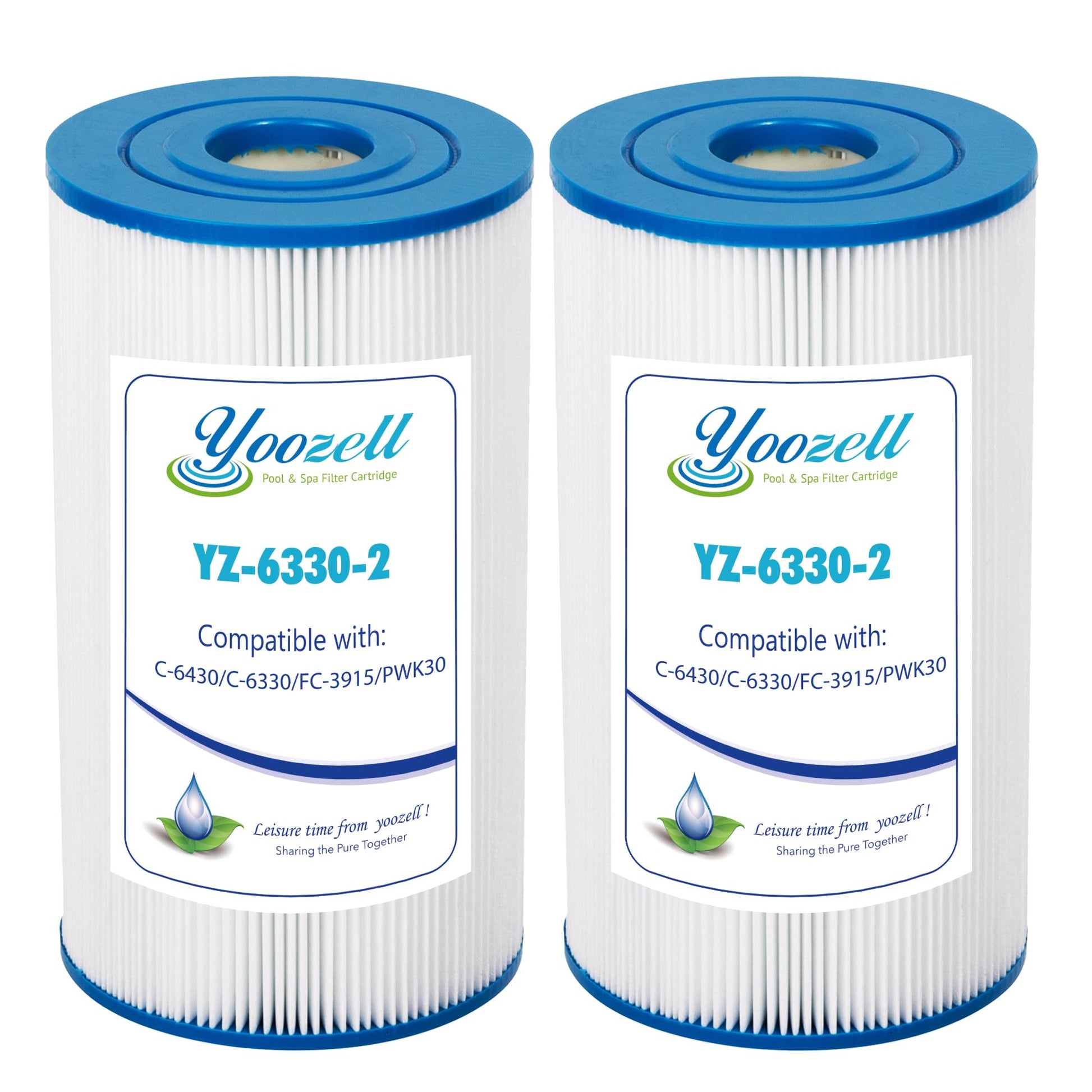 Yoozell PWK30-EC Spa Filter Cartridge, compatible with C-6330, C-6430, FC-3915, 30 sq.ft, 2 pack, blue and white design.