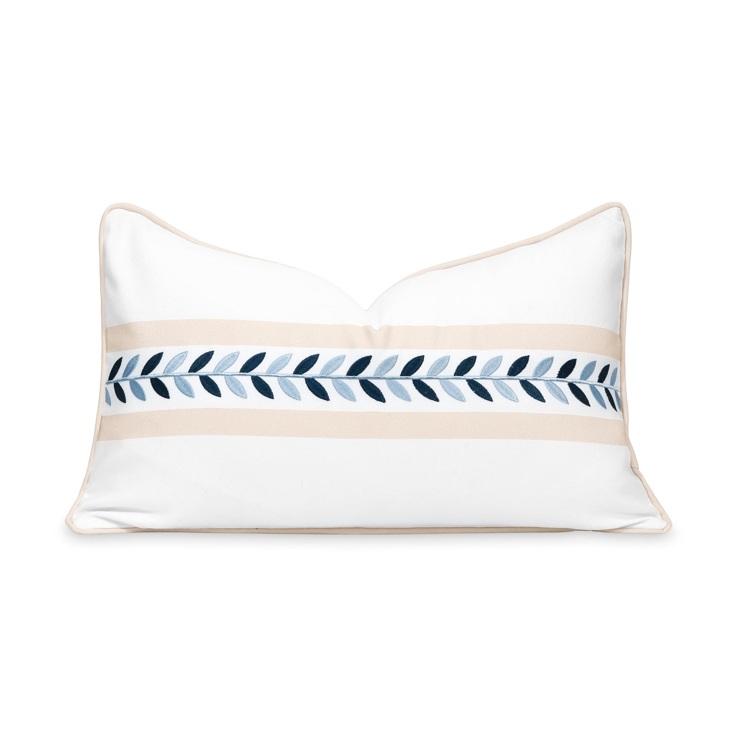 Coastal lumbar pillow cover, 12"x20", features a tan embroidered leaf pattern with piping, perfect for patio or indoor decor.