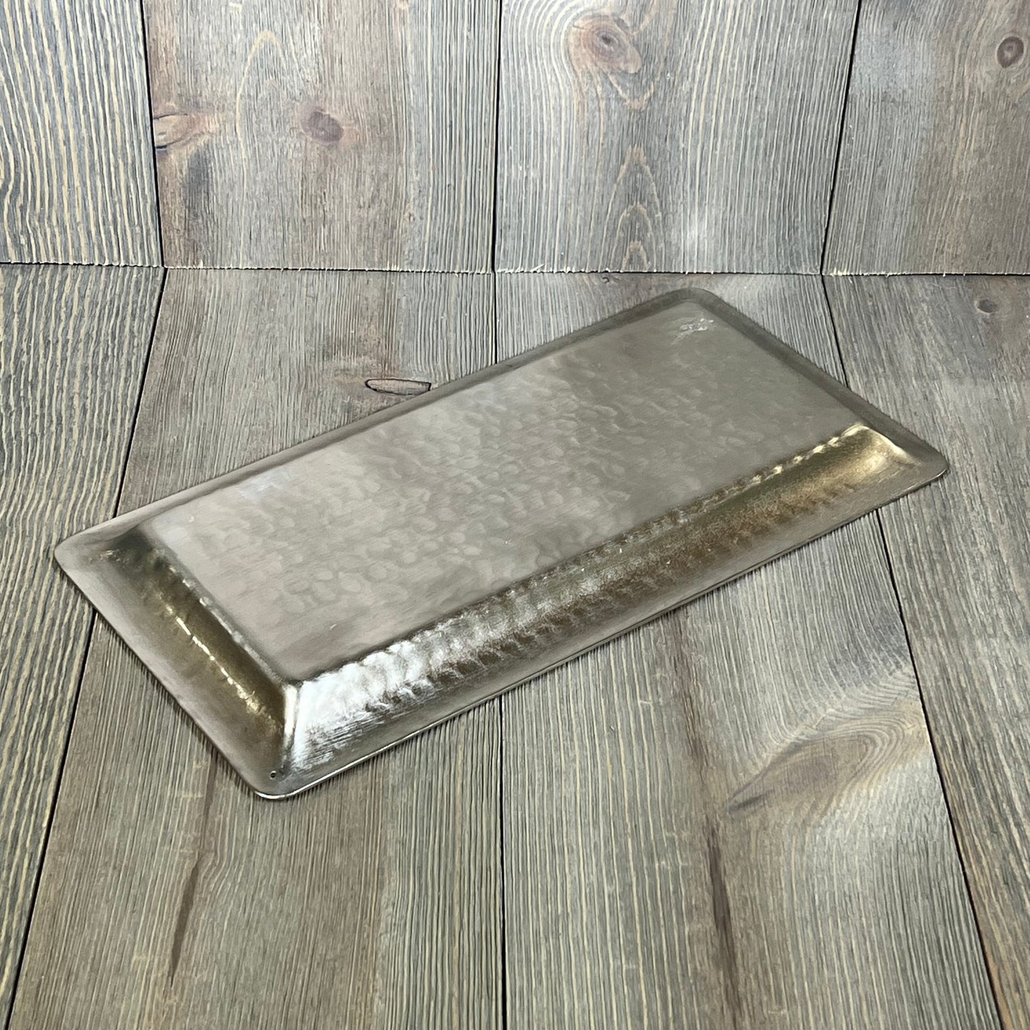 Hand hammered nickel finish serving tray, 12-inch rectangular platter, perfect for parties, fruit, or desserts.