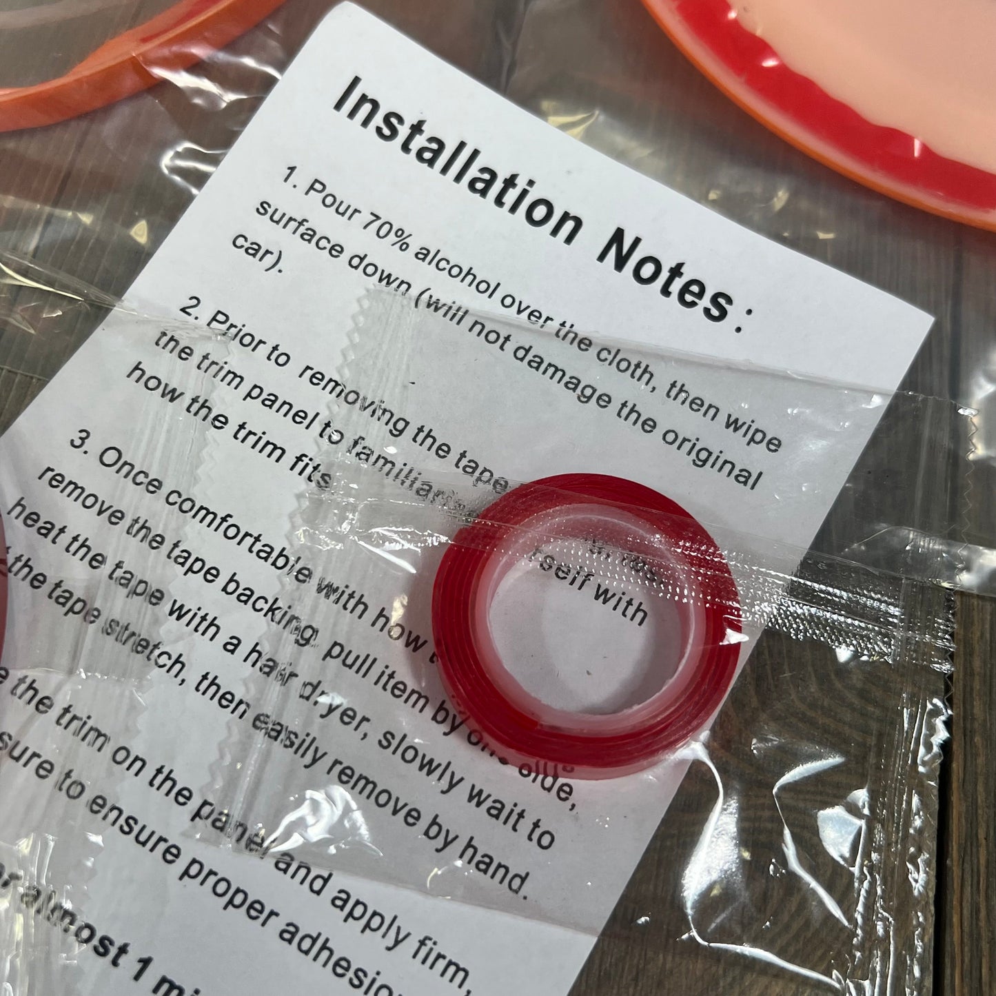 Installation instructions and adhesive tape for Savadicar Orange Fuel Door Trim for Jeep Wrangler JL JLU 4xe & Gladiator JT.