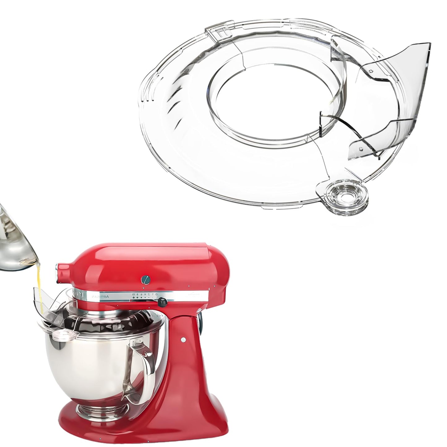 Pouring shield for KitchenAid Tilt Head mixer, preventing splatter during mixing. Ideal for 4.5-5QT stainless steel bowls.
