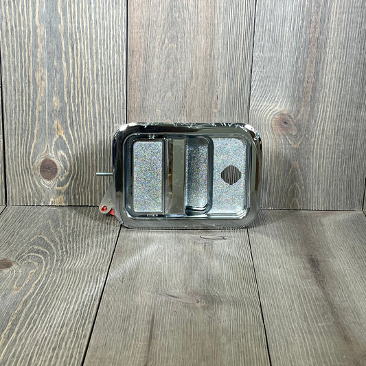 Chrome exterior door handle for Freightliner models, front passenger side, featuring white hardware on a wooden background.
