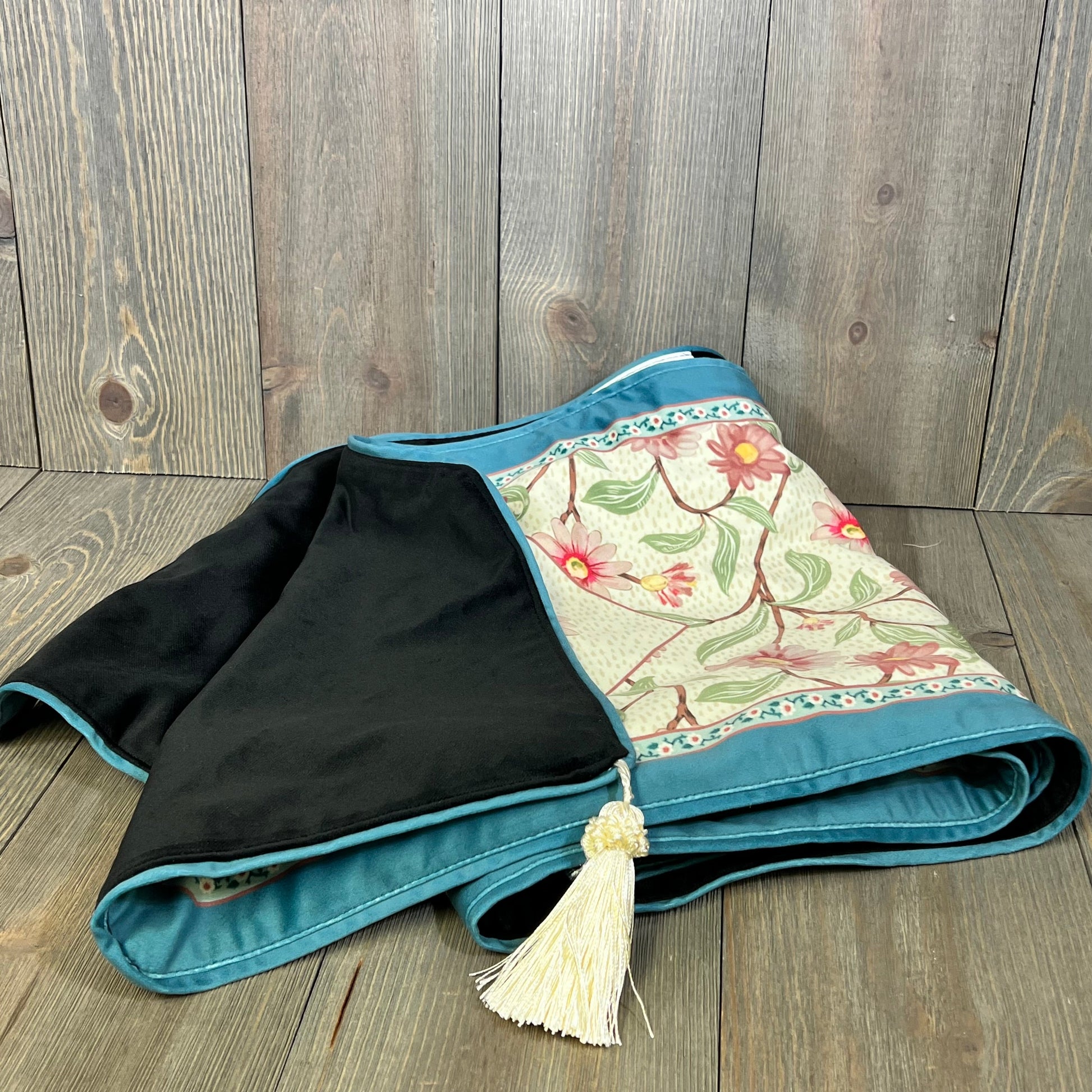 Elegant beige pink floral velvet table runner with tassel, 102 inches long, perfect for dining or coffee table decor.