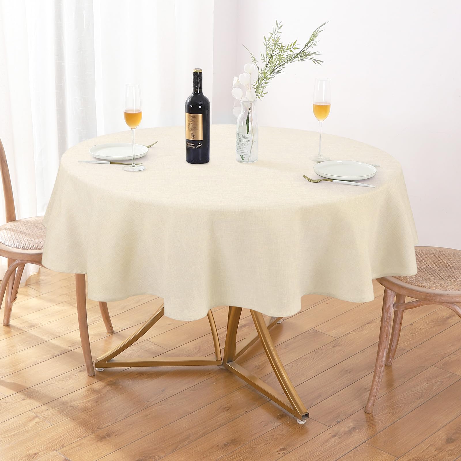 Elegant AUSSPVOCT 60-inch round linen tablecloth on a dining table, showcasing a waterproof and wrinkle-free design.