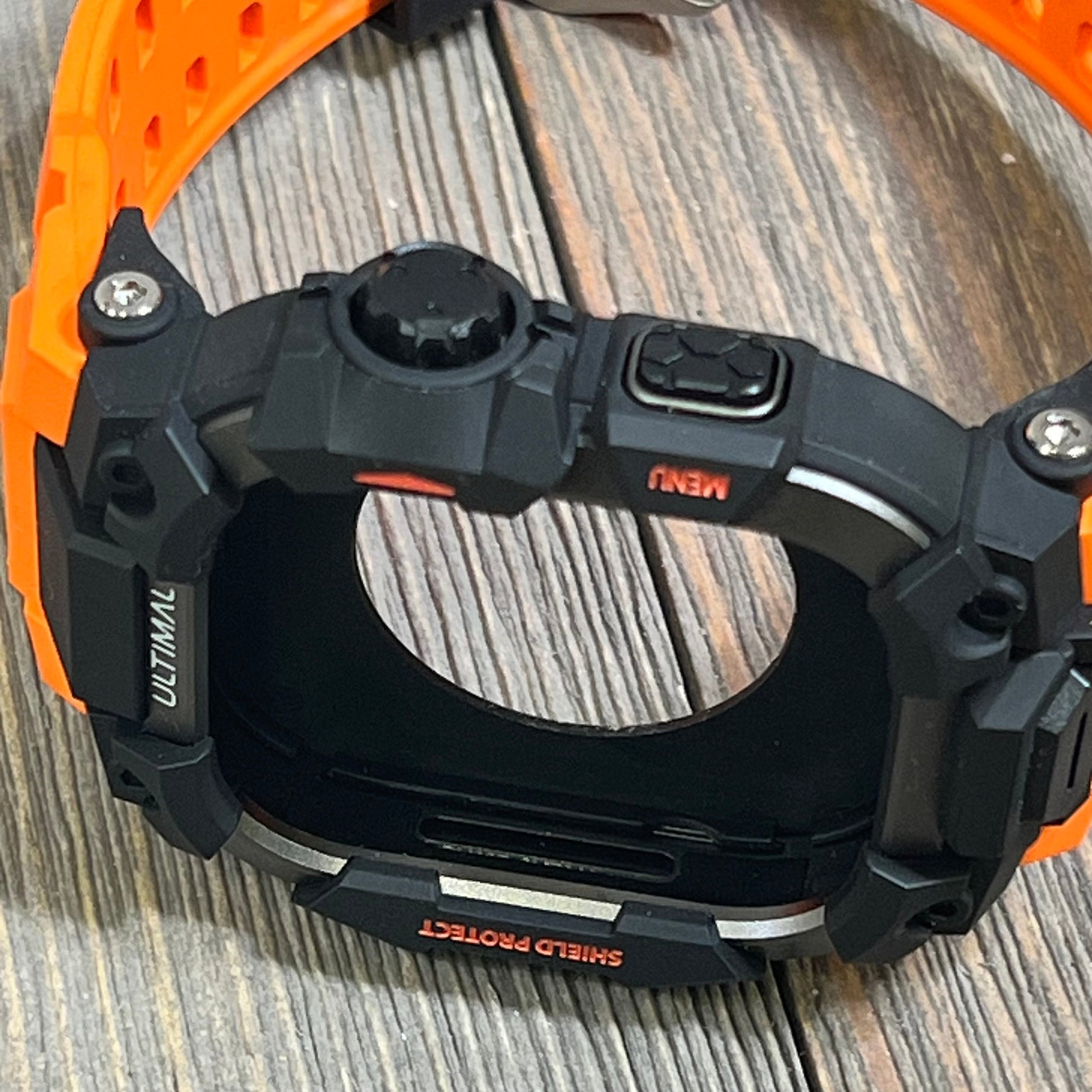 Orange ULTIMAL Rugged Case with tactical band for Apple Watch 46mm, showcasing military-grade shockproof design.