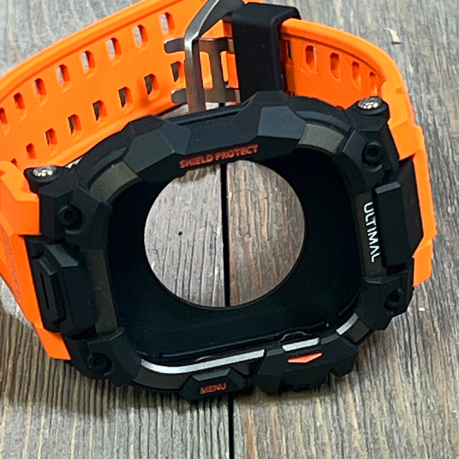 Orange ULTIMAL rugged case with tactical band for Apple Watch 46mm, featuring a military-grade shockproof bumper.