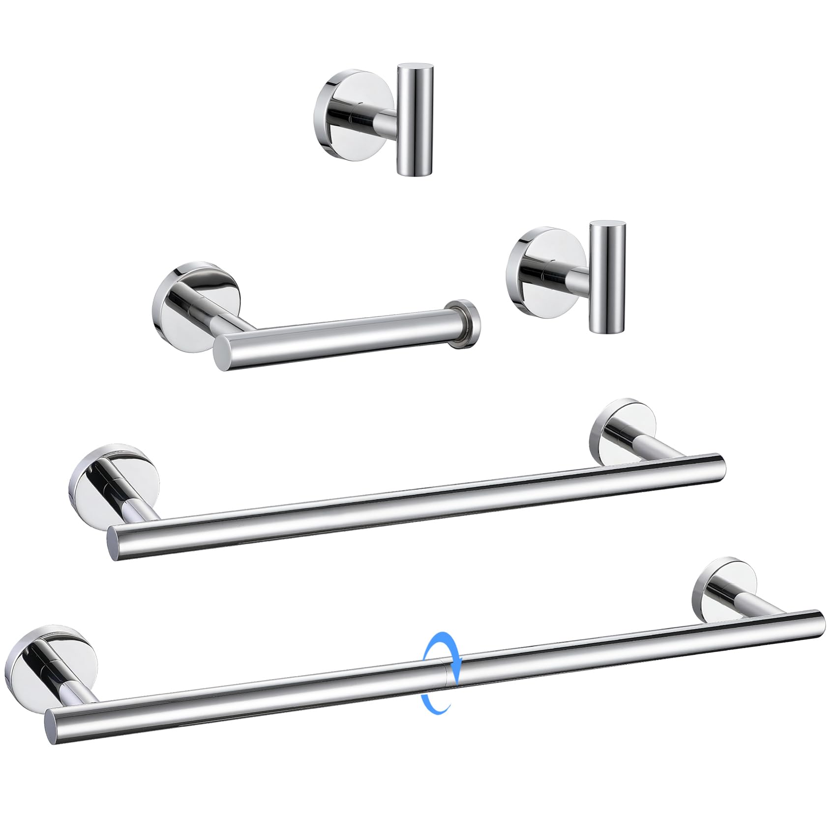 5-piece polished chrome bathroom hardware set with stainless steel towel bars, towel ring, and robe hooks.