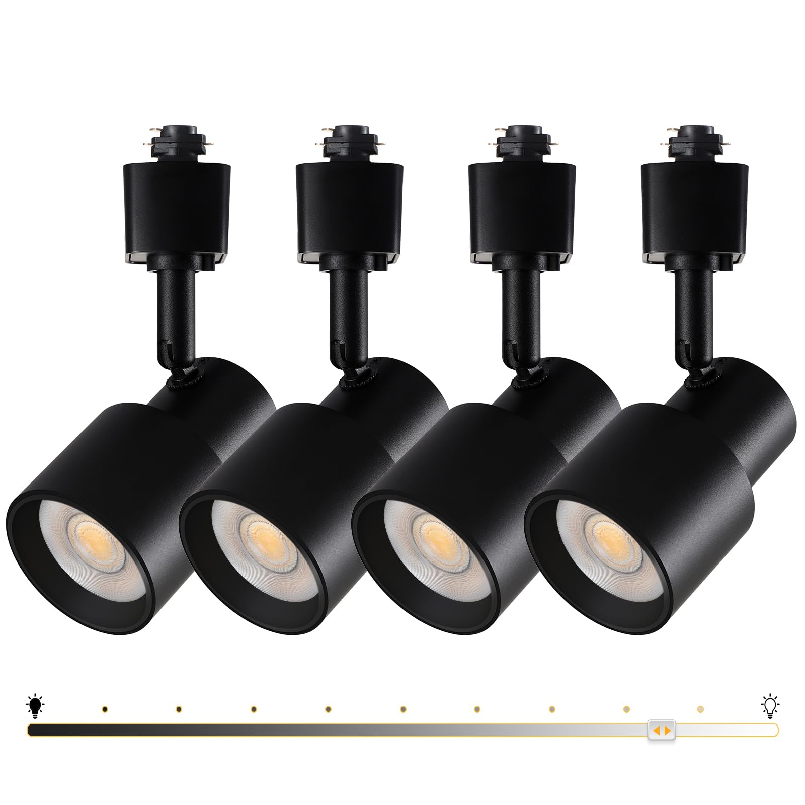 Dimmable LED track lighting heads in sleek black, enhancing art with warm 3000K light and CRI90+ for true color rendering.