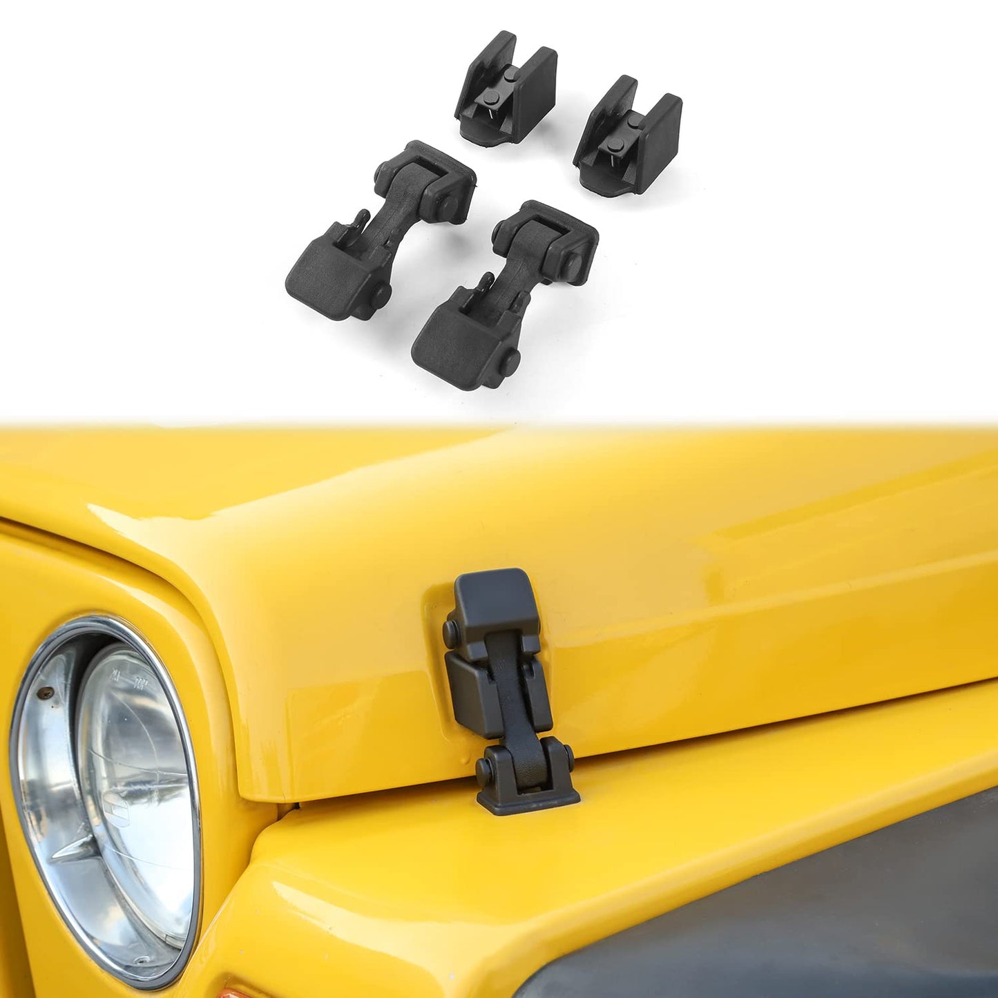 Black factory-style hood latches for Jeep Wrangler TJ 1997-2006 on a yellow hood, showcasing installation and design.