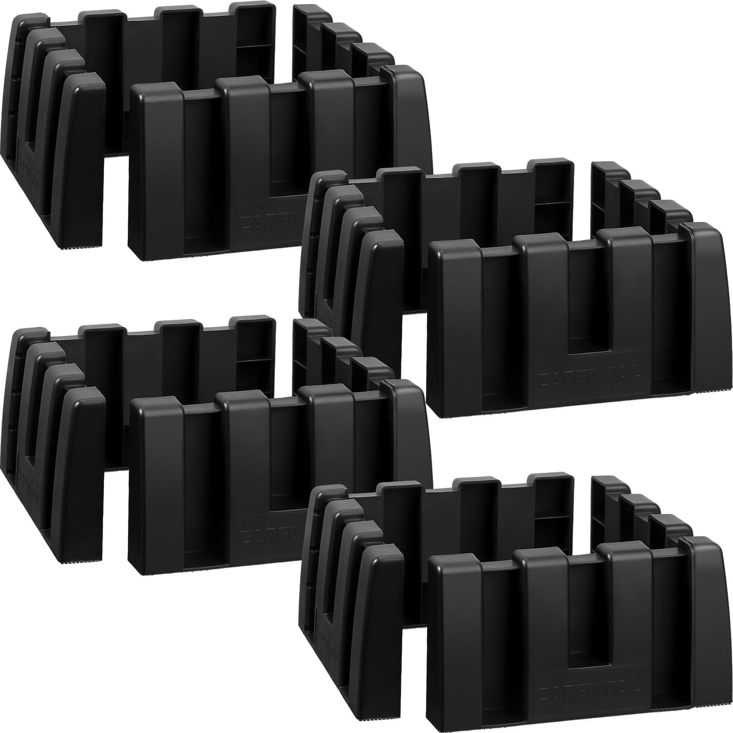 Black car trunk organizer blocks for SUVs, versatile storage solution for cargo management on wool carpet surfaces.
