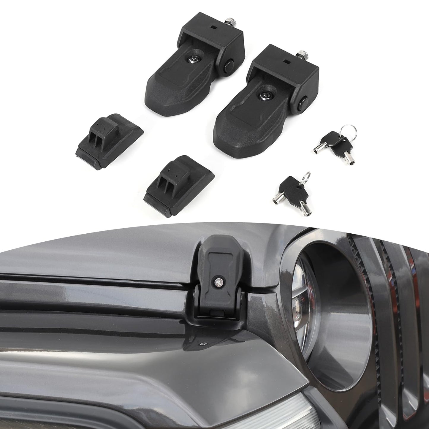 Jeep JL hood latches with keys, black, OEM fit for Wrangler JL JLU Gladiator JT 2018-2024, shown installed on vehicle.