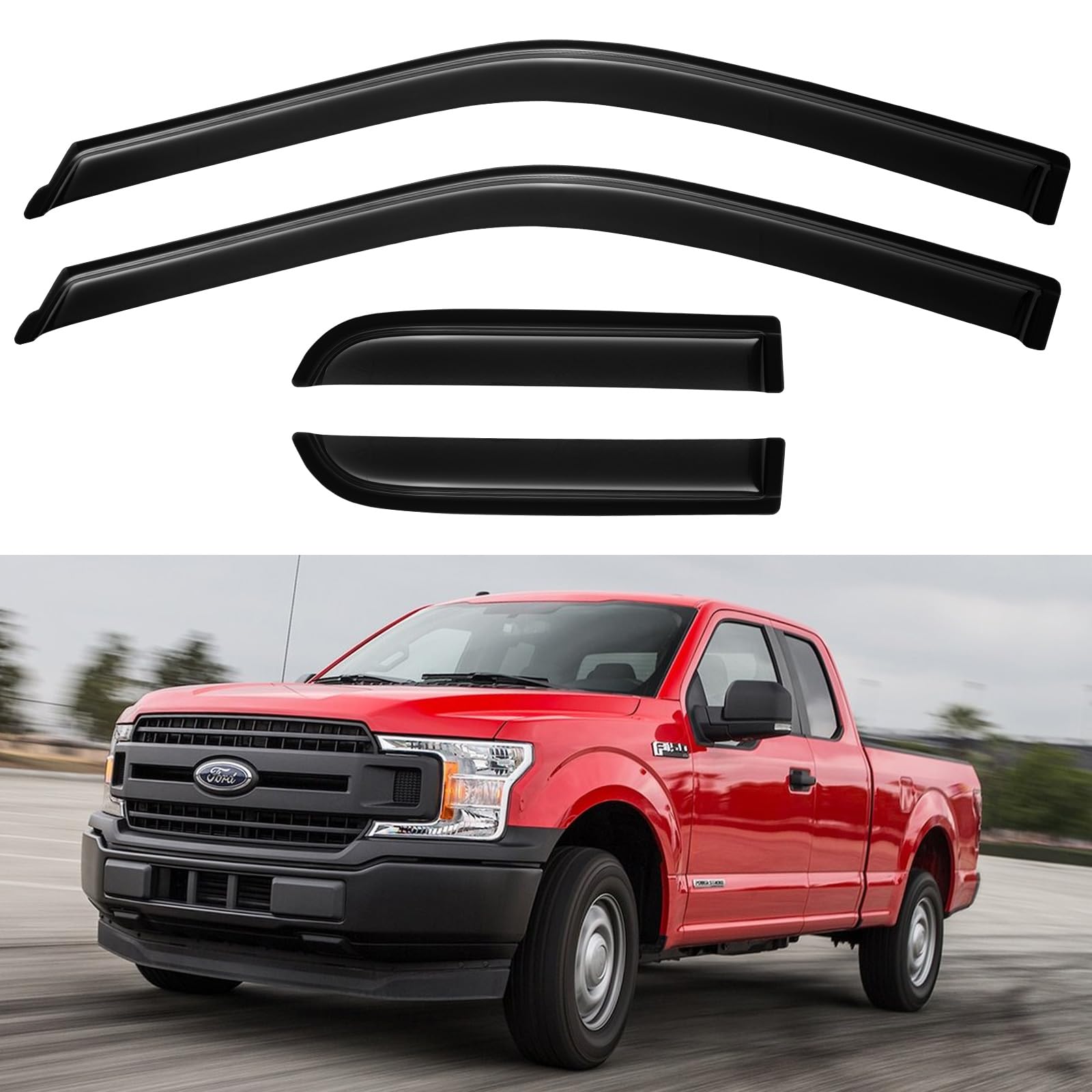 Window visors rain guards for 2015-2024 Ford F150 SuperCab, shown with red truck, enhance style and protection.