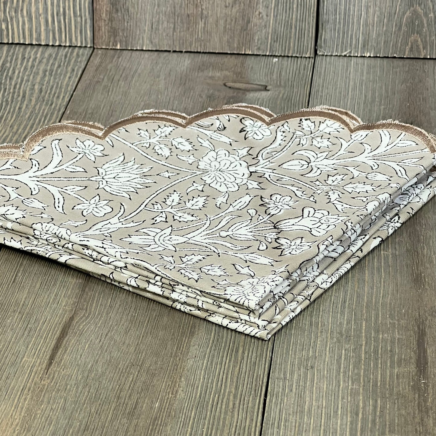 Taupe floral block print round placemats, 15" cotton, washable, elegant Easter table decor, pack of 4.