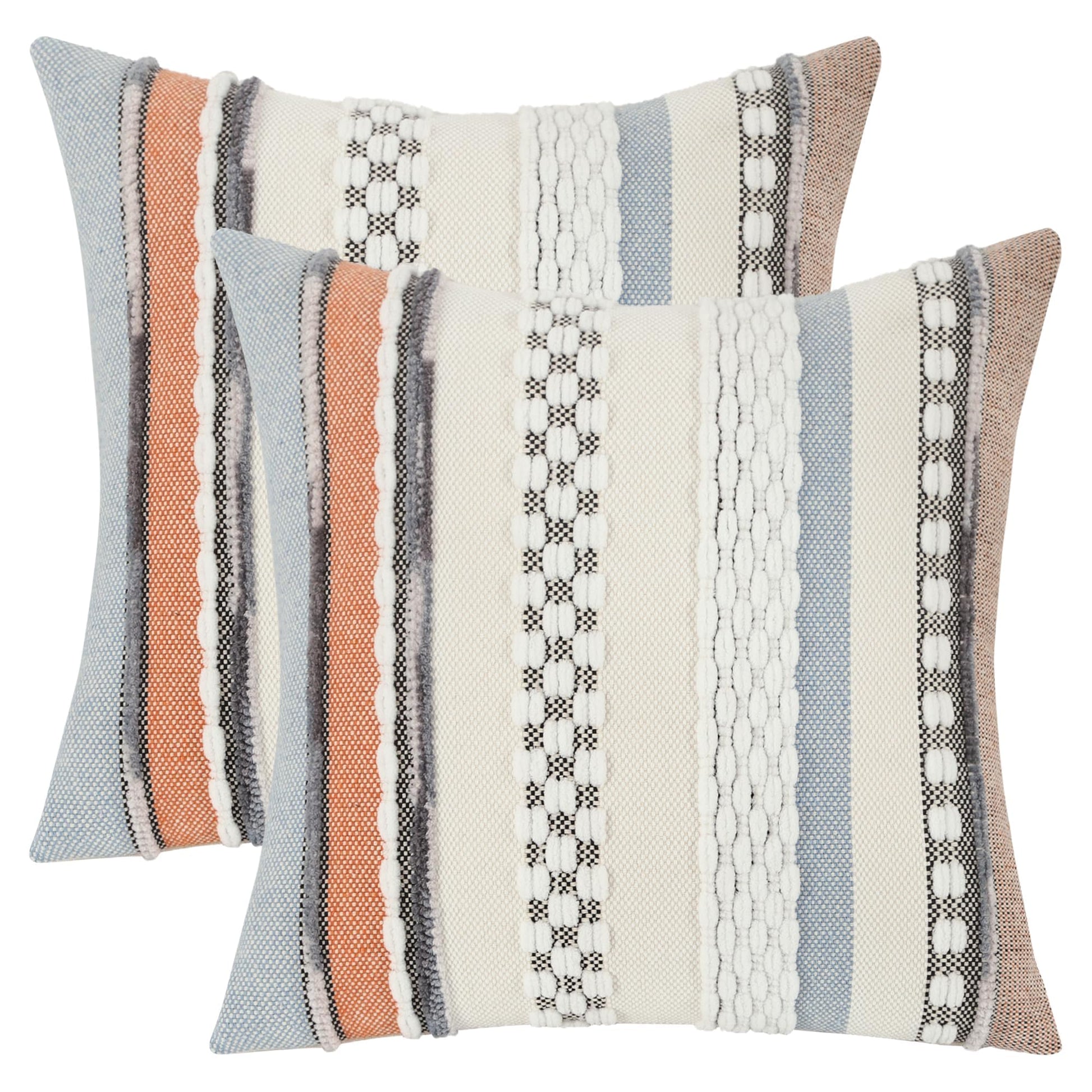Boho throw pillow covers set with orange and blue stripes, 18x18 inch decorative chenille pillowcases for farmhouse decor.
