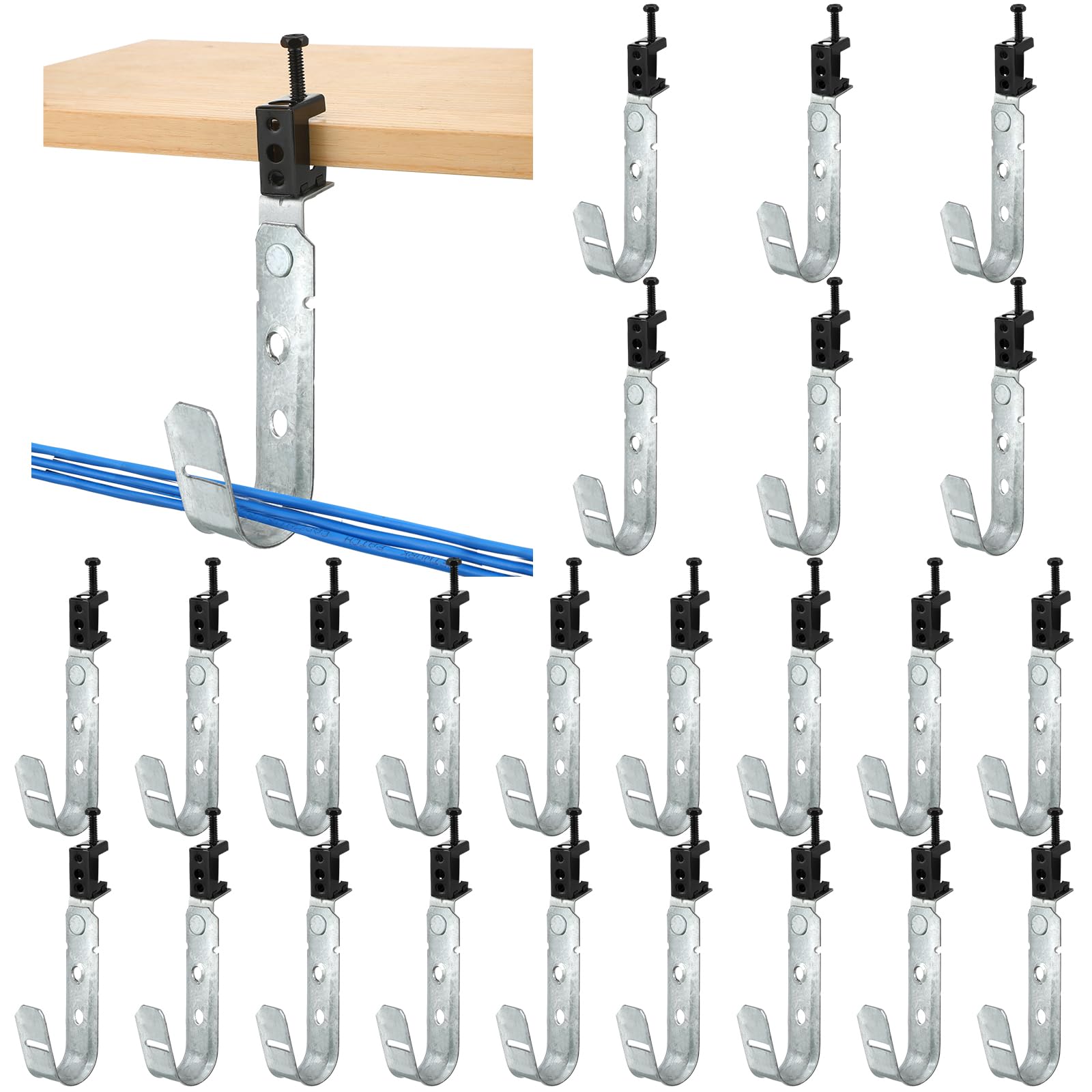 Heavy-duty J Hooks with swivel beam clamp for cable management, 20-piece set, galvanized steel, ideal for organizing wires.