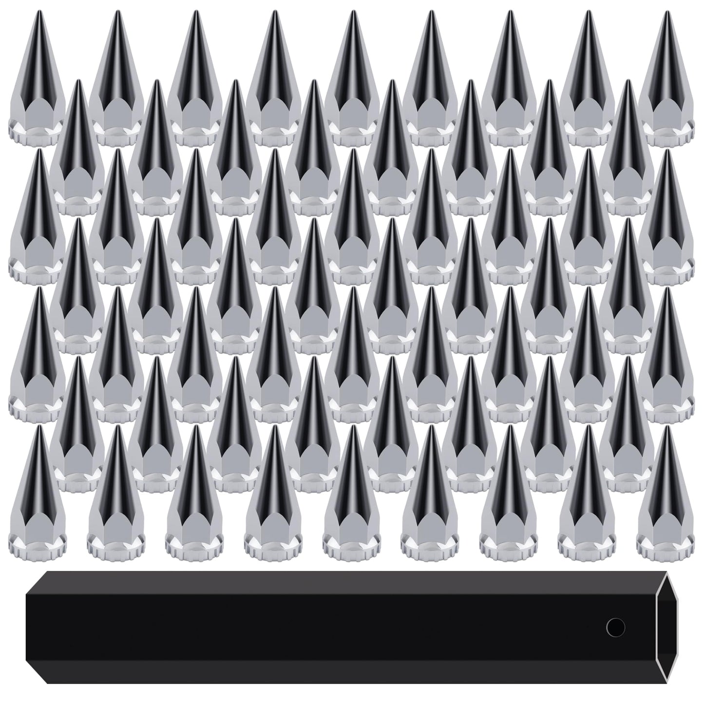 Chrome spike lug nut covers for semi trucks, 33mm x 4 3/4", pack of 60, featuring sleek pointed design and screw-on installation.