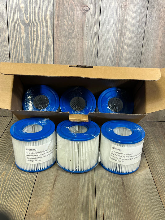 Six-pack of Fil-fresh Type D Pool Filters for Summer Waves RX600 Pump, displayed with blue rims in open box on wood floor.
