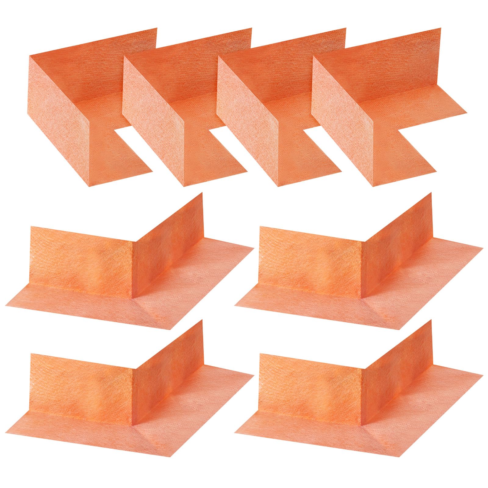 Orange polyethylene waterproofing corner covers for bathtubs and steam rooms, set of 8 seamless inside and outside pieces.