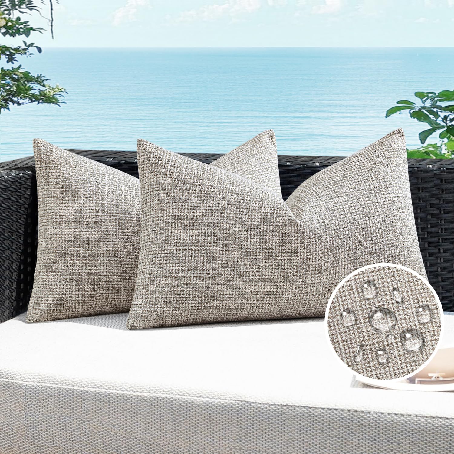 Khaki outdoor waterproof pillow covers on patio sofa, showcasing decorative linen texture with water-resistant feature.