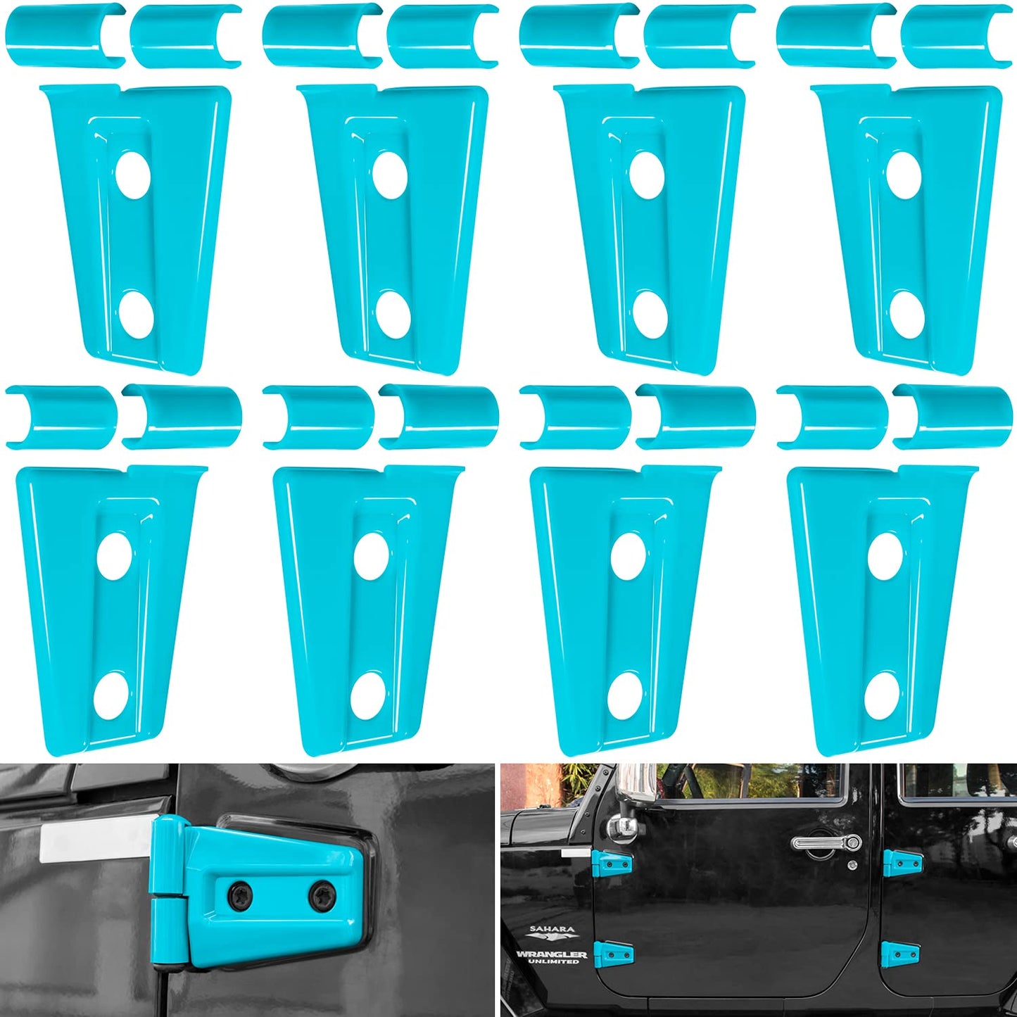 Light blue E-cowlboy door hinge cover trim set for 2007-2018 Jeep Wrangler JK JKU, enhancing exterior style and protection.