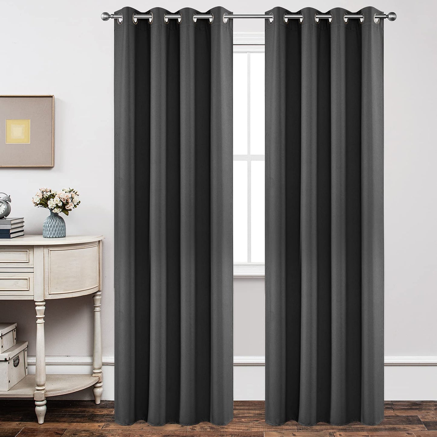 Dark grey Joydeco blackout curtains, extra long 108 inches, set of 2 panels, room darkening for living room or bedroom.