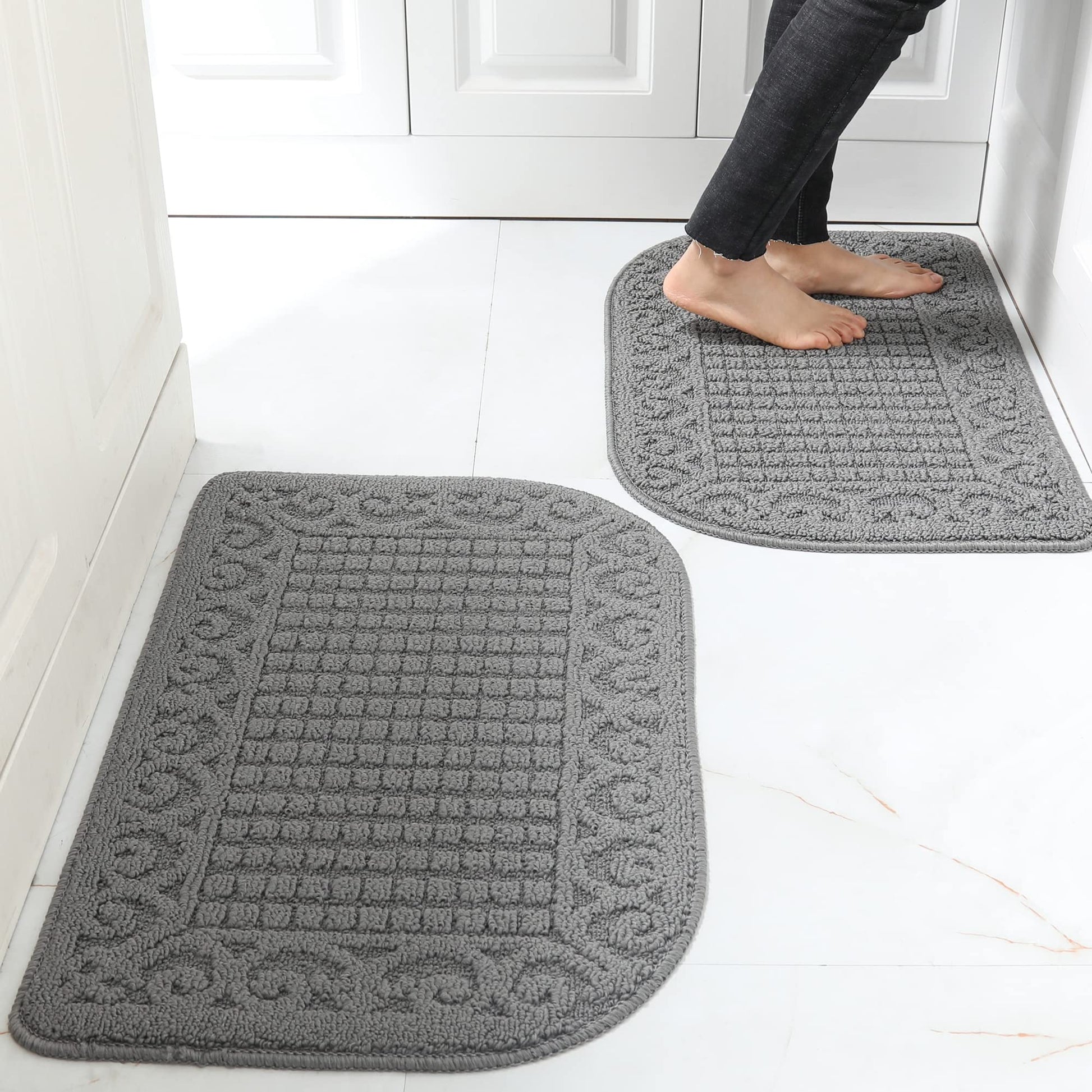 Anti-fatigue grey kitchen rug mats in half-round design, enhancing comfort with anti-slip and machine washable features.