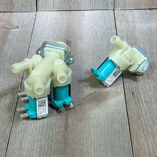 Dual water inlet valves for LG, Kenmore washers, compatible with model 5220FR2075L, 5220FR2006H on wooden surface.