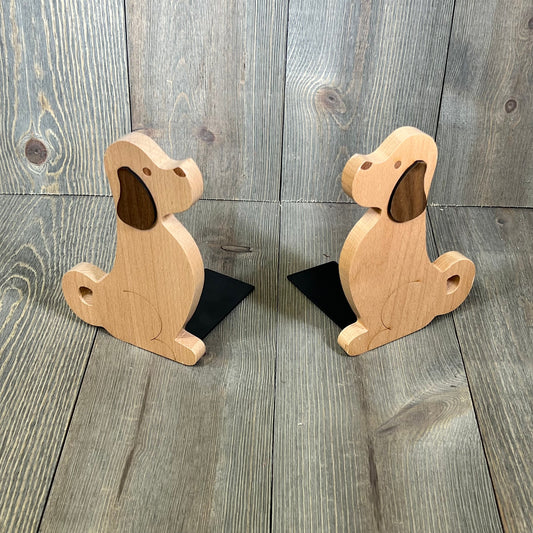 Decorative wooden puppy dog bookends for kids, perfect for shelves or office, 1 pair, style 01, enhancing any room decor.