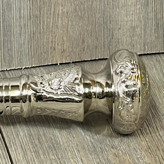 Victorian-style brass handle with intricate engravings, part of a foldable wooden walking stick, ideal vintage gift.