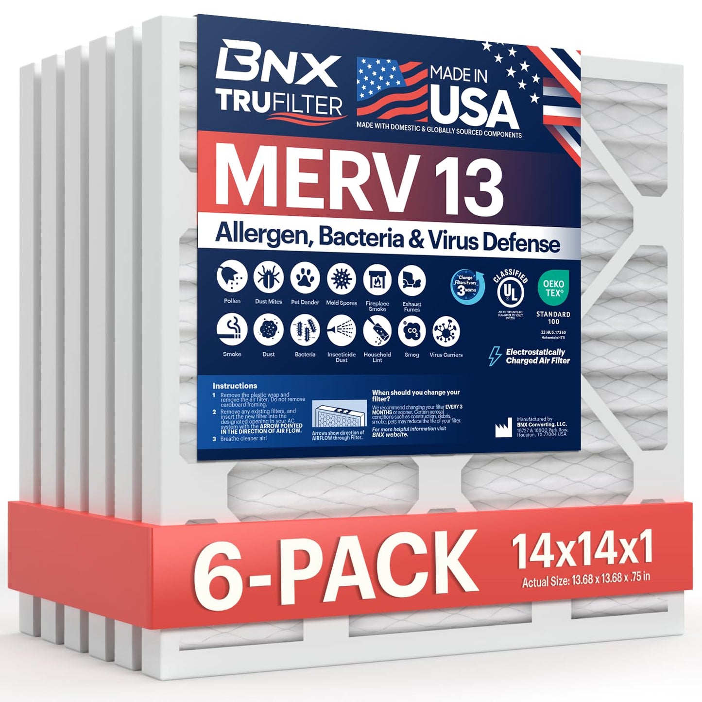BNX TruFilter 14x14x1 Air Filter MERV 13, 6-pack, electrostatic pleated for allergies, pollen, mold, made in USA.