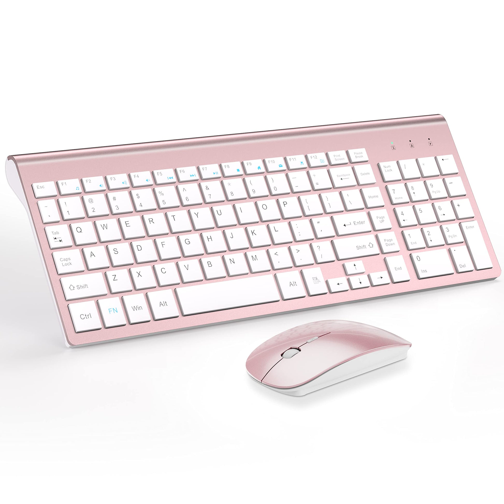 Ultra-slim rose gold wireless keyboard and mouse combo, featuring silent keys and compact design for PC and Mac.