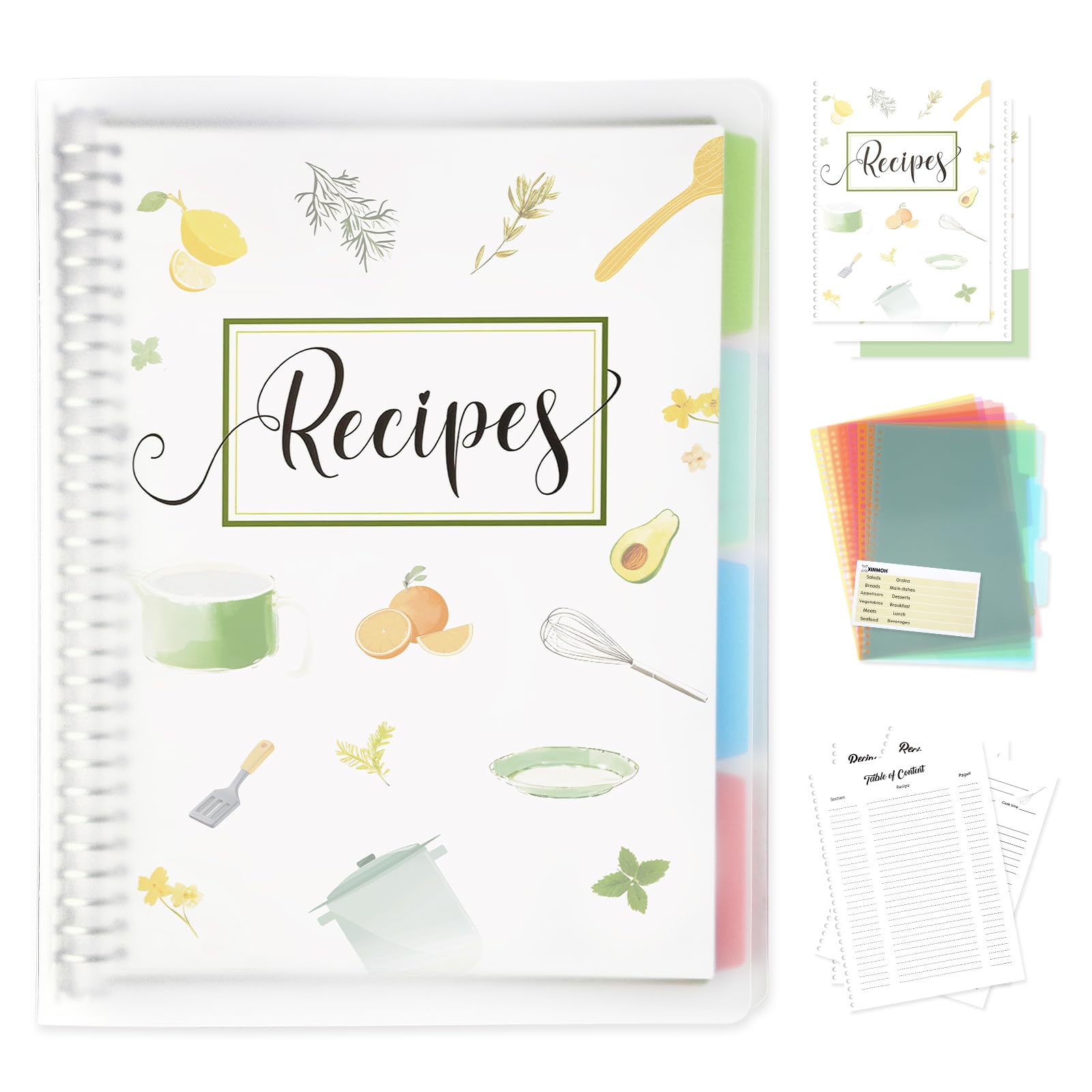 Blank recipe book with whimsical kitchen illustrations, features removable hardcover and 8 dividers for easy organization.