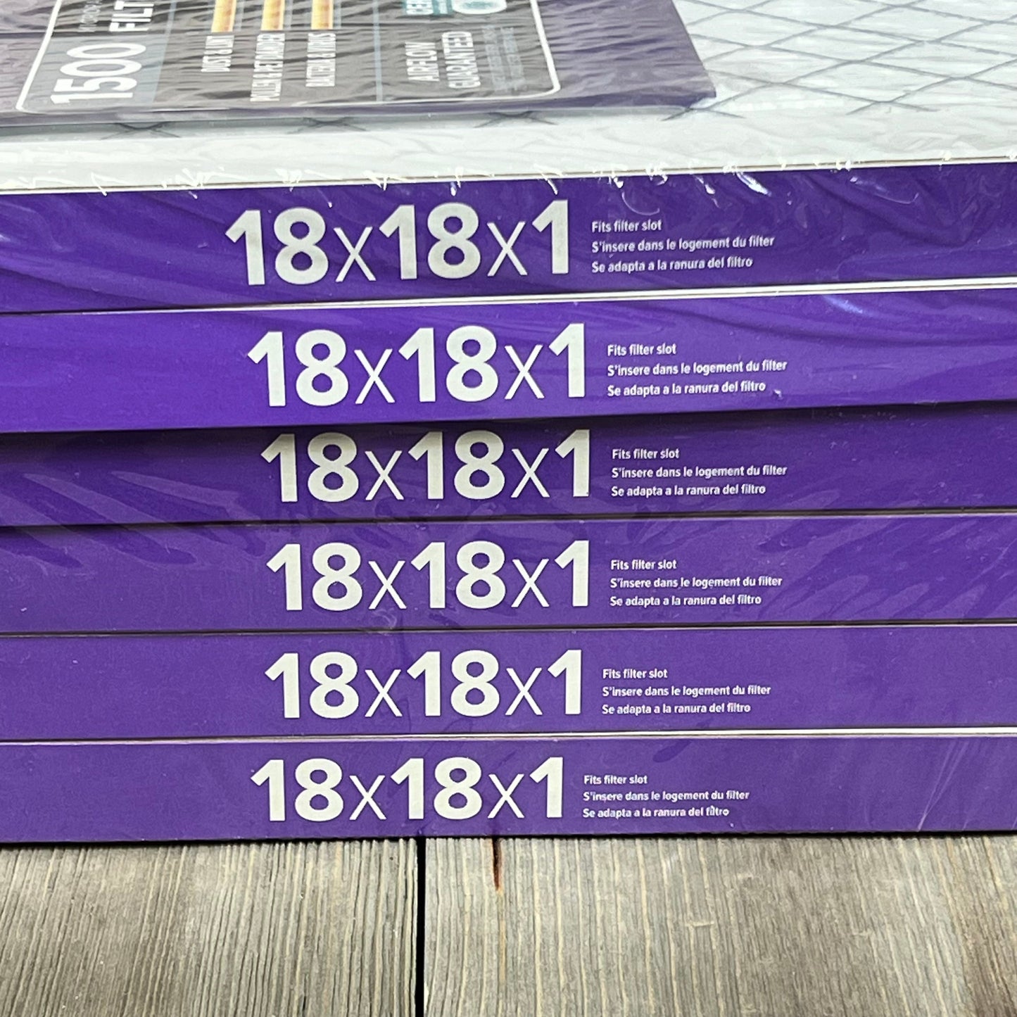 Six-pack of Filtrete 18x18x1 AC Furnace Air Filters, MERV 12, asthma and allergy friendly, in purple packaging.