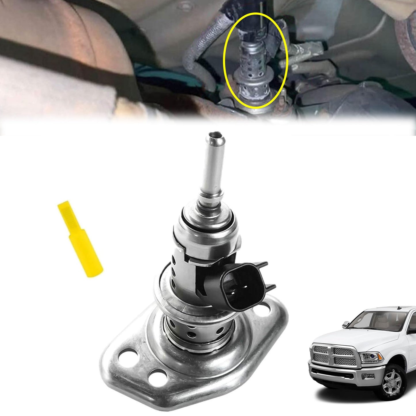 Diesel exhaust fluid injector compatible with Ram and Ford Super Duty trucks, featuring installation illustration and vehicle image.