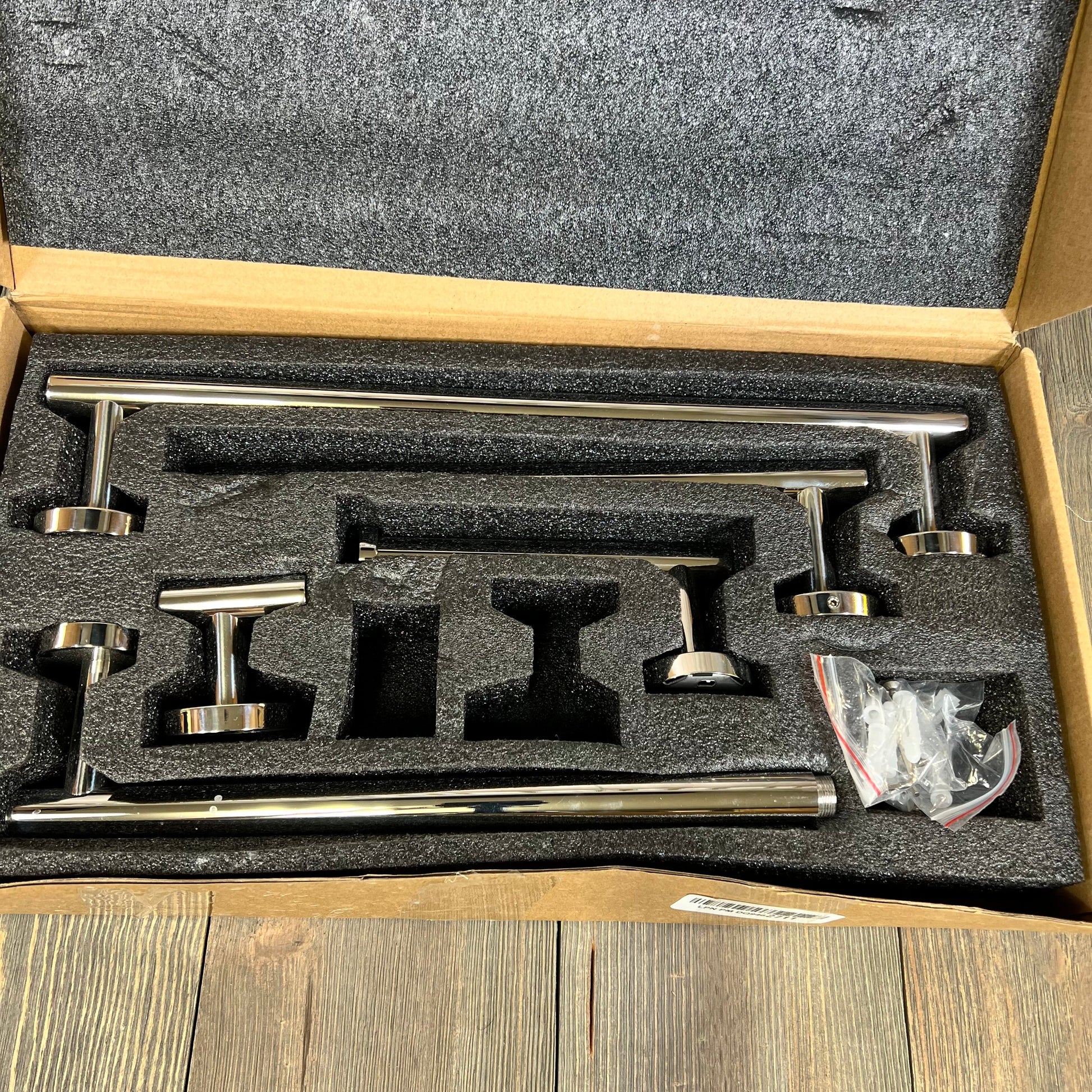 5-piece polished chrome bathroom hardware set in packaging, featuring SUS304 stainless steel towel bars and accessories.