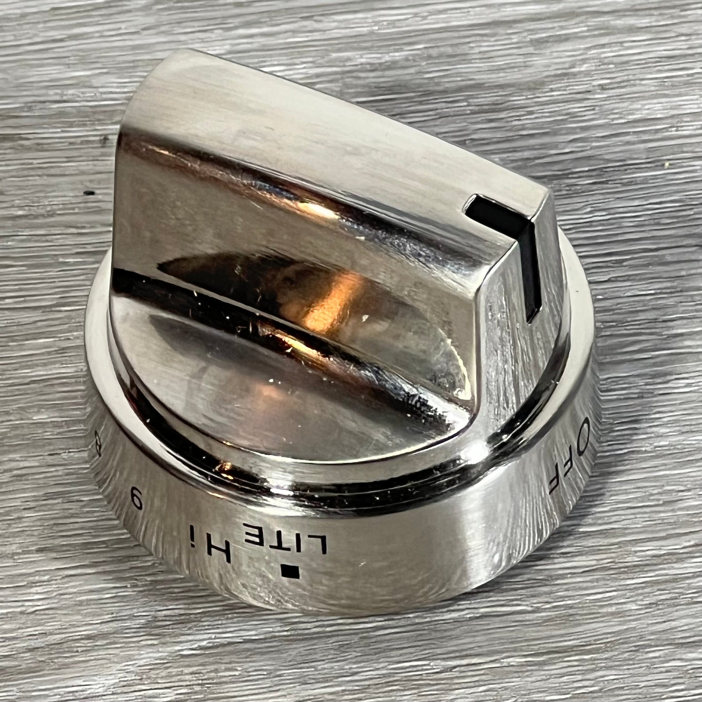 Stainless steel GE stove knob replacement with clear heat settings, compatible with MIFLUS WB03X24818 models.