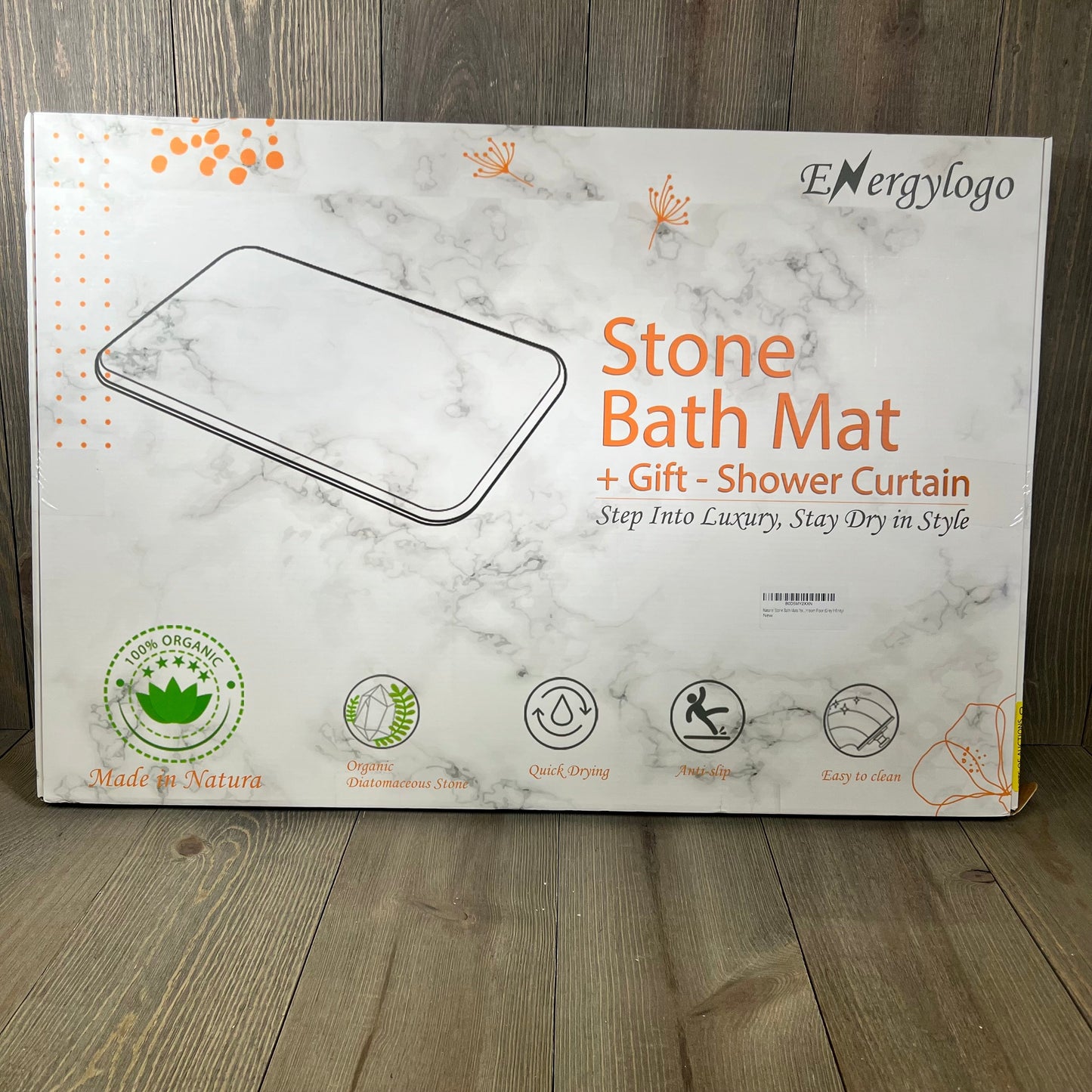 ENERGYLOGO Natural Stone Bath Mat packaging showcasing non-slip, quick-drying features with gift shower curtain.