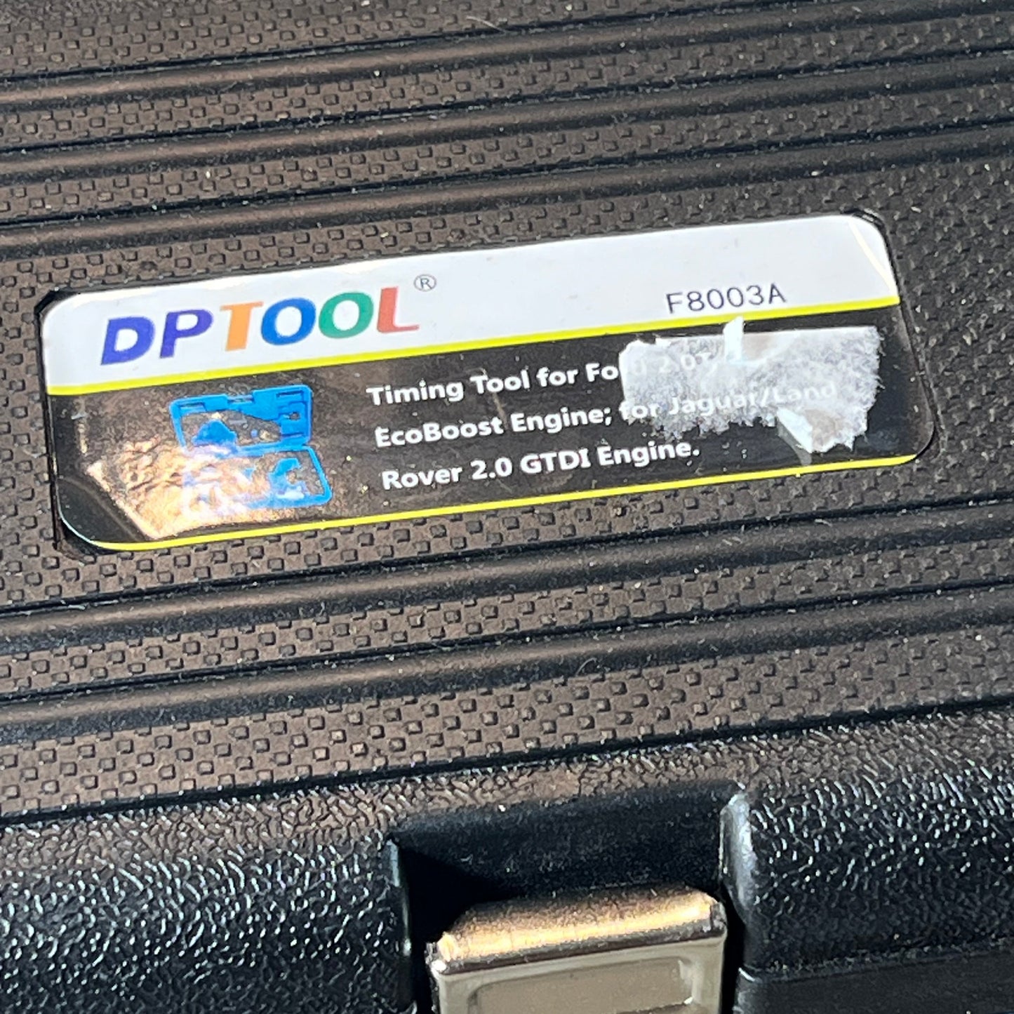 Sturdy case of DPTOOL camshaft timing lock tool set for Ford/Jaguar engines, featuring clear label and secure latch.