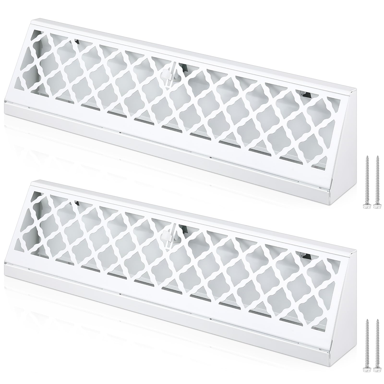Stylish white vent covers with modern lattice design, perfect for baseboard air supply, includes screws for installation.