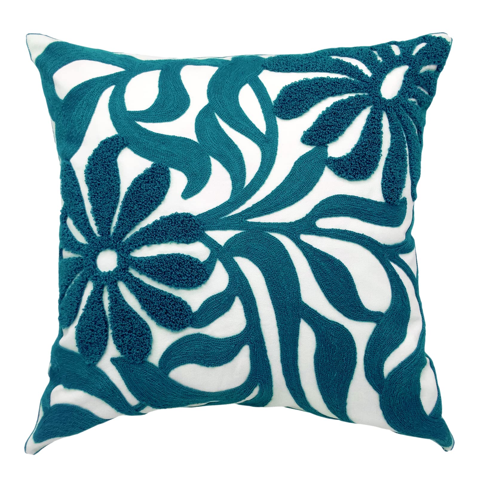 Teal blue decorative throw pillow cover with embroidered floral and leaves pattern, perfect for enhancing living room decor.