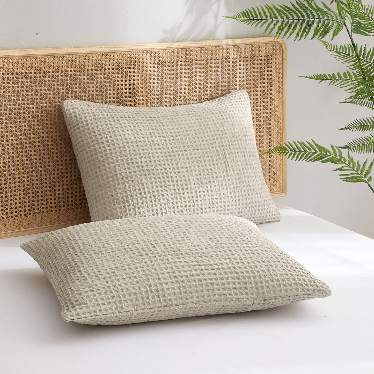 Ultra soft waffle weave pillow shams in light khaki, standard size, stylish and breathable, perfect for bedroom decor.
