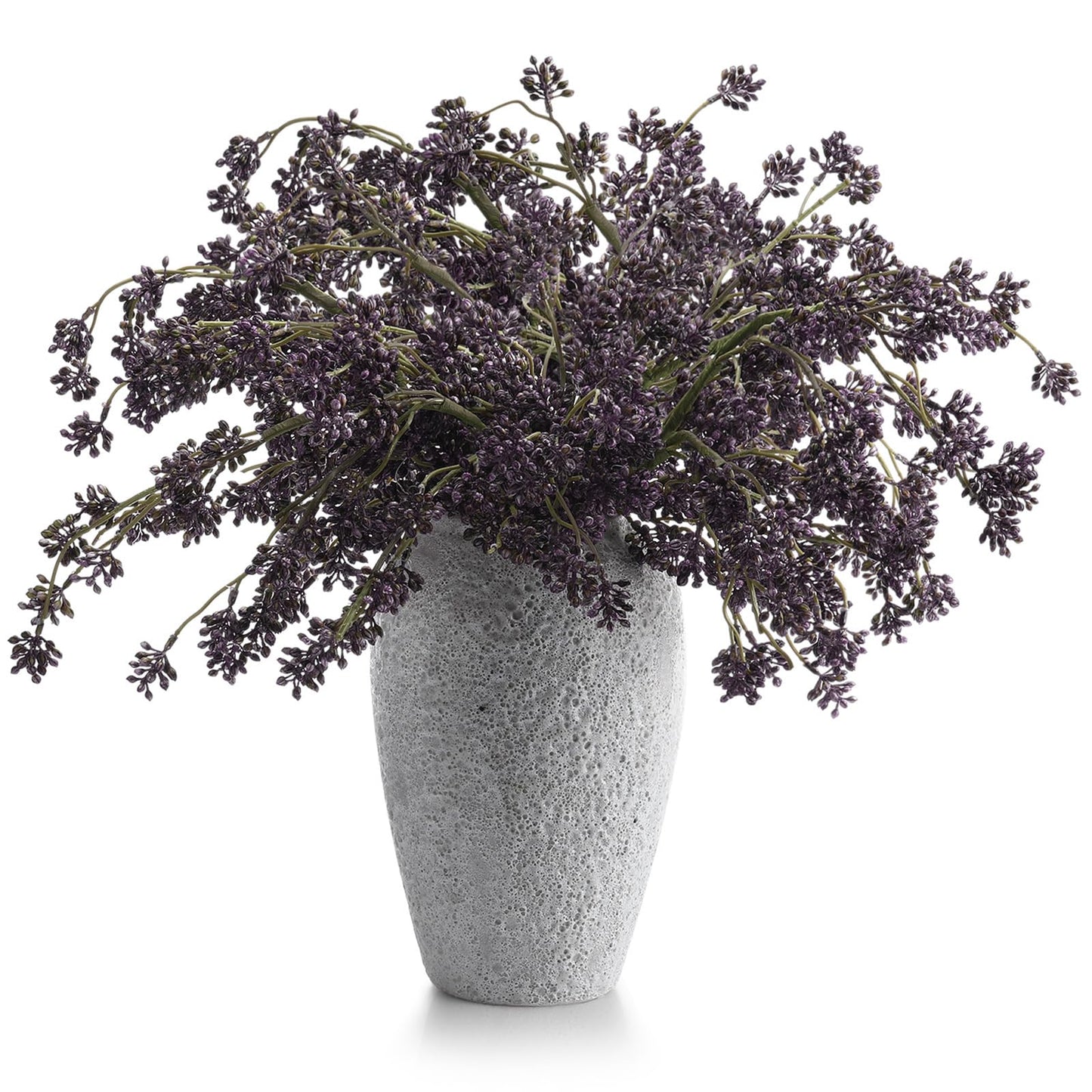 Artificial plum sedum berry stems in a textured gray vase, perfect for autumn farmhouse and Thanksgiving decor.