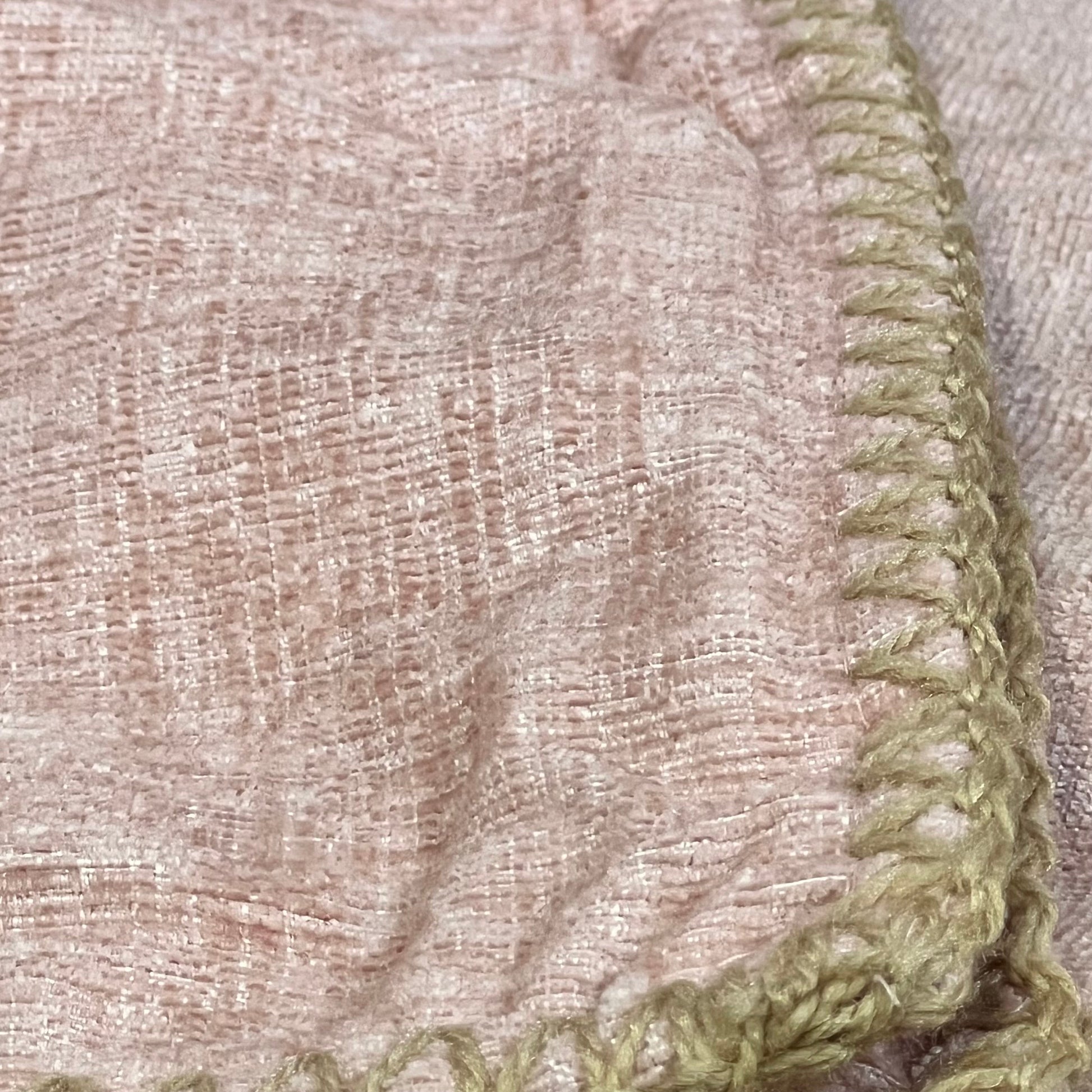 Blush pink chenille pillow cover with stitched edge detail, perfect for farmhouse decor, 12x20 inches.