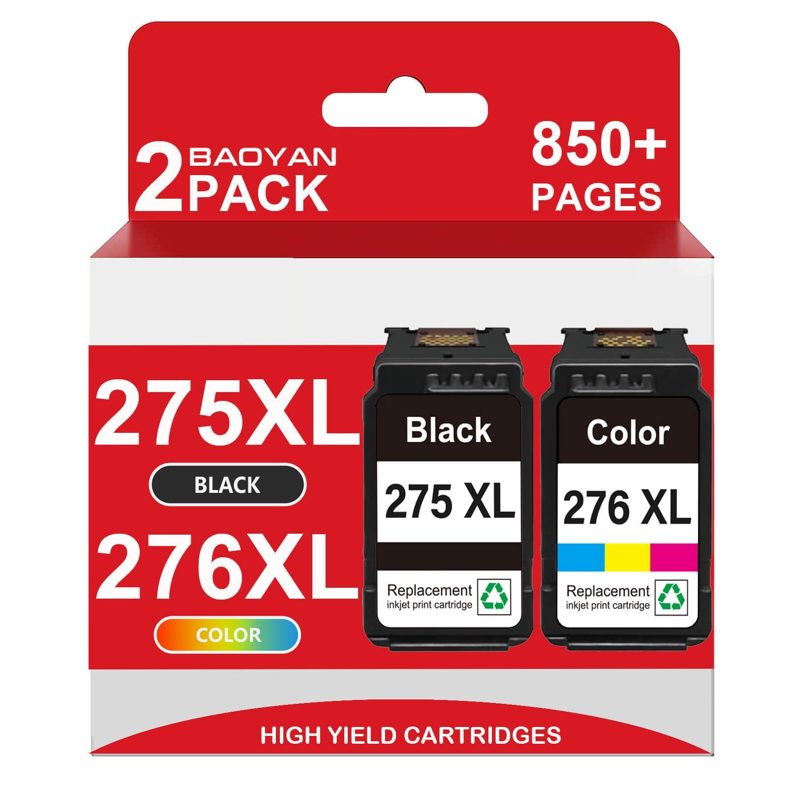 BAOYAN 275 XL Black and 276 XL Color ink cartridges in a 2-pack for Canon PIXMA printers, compatible and high-yield.